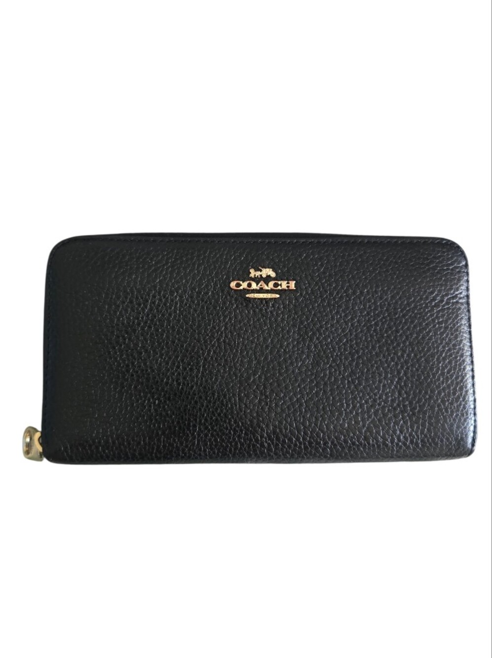 Coach Women's Black Leather Zip Wallet - Gold Logo